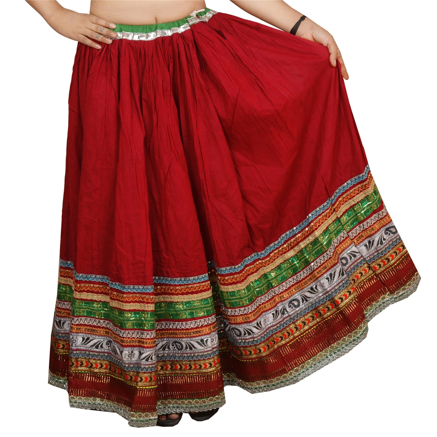 Sanskriti Maroon Cotton Embroidered Gopi Skirt | Long Party Wear Lehenga with Lace Work